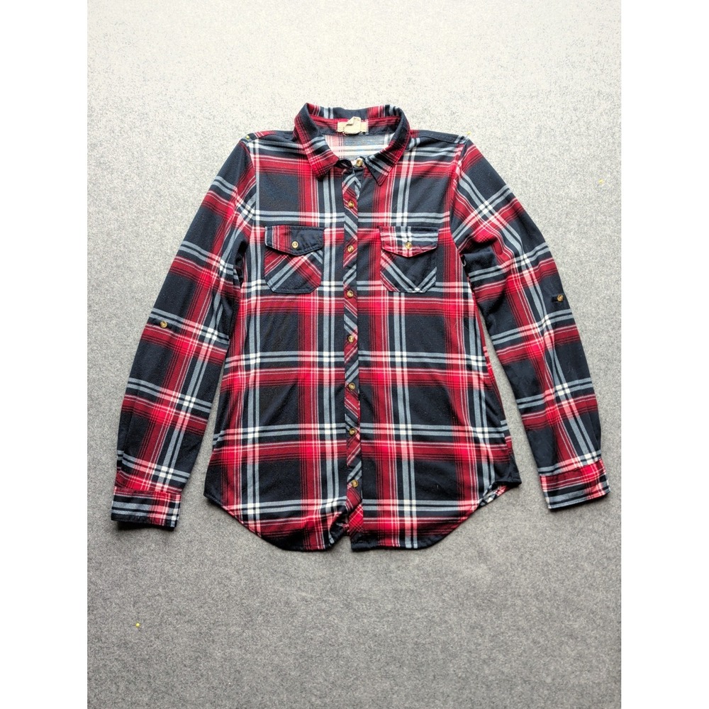 Passport Women's Red Blue Plaid Lightweight Flannel Shirt Roll Up Sleeve Size M
